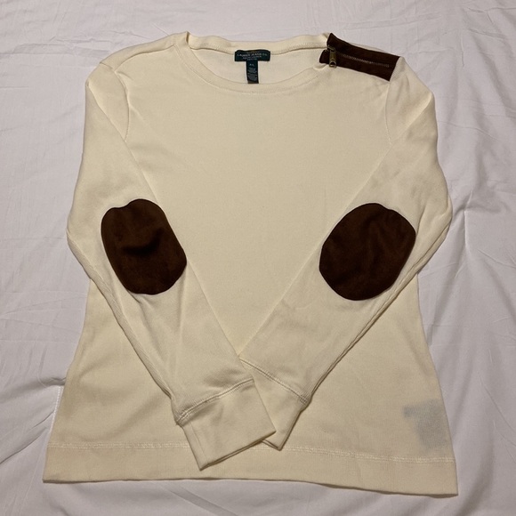 Lauren Ralph Lauren Tops - Ralph Lauren VTG LSleeve Pullover Ivory & Brown Elbow Patches, Zipper SZ P/L, EC
